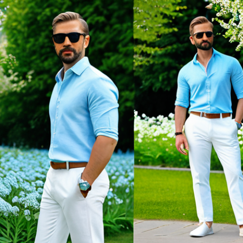 Spring Style - Light Blue & White**

"A stylish man, fully clothed in a light blue cotton shirt and white linen trousers, standing outdoors in a park with blooming flowers. He is wearing sunglasses and a simple watch. Natural pose, perfect anatomy, correct proportions, appropriate attire, safe for work, professional, family-friendly, high quality."

**