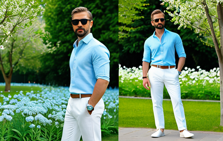 Spring Style - Light Blue & White**

"A stylish man, fully clothed in a light blue cotton shirt and white linen trousers, standing outdoors in a park with blooming flowers. He is wearing sunglasses and a simple watch. Natural pose, perfect anatomy, correct proportions, appropriate attire, safe for work, professional, family-friendly, high quality."

**