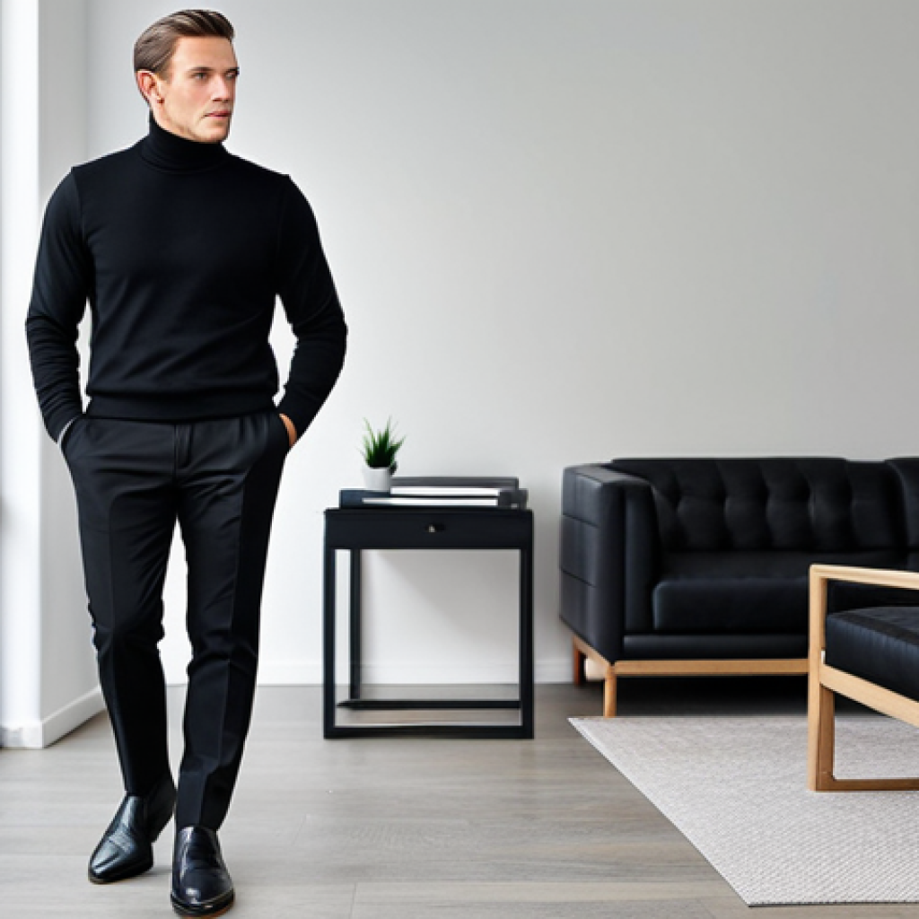 **
A professional man in a modest black turtleneck sweater, paired with formal trousers and leather shoes, standing in a modern office. Appropriate attire, safe for work, perfect anatomy, natural proportions, professional.
**