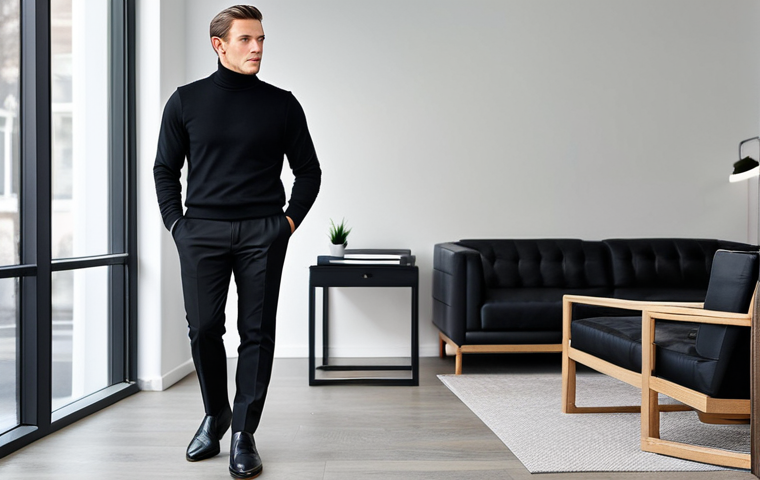 **
A professional man in a modest black turtleneck sweater, paired with formal trousers and leather shoes, standing in a modern office. Appropriate attire, safe for work, perfect anatomy, natural proportions, professional.
**