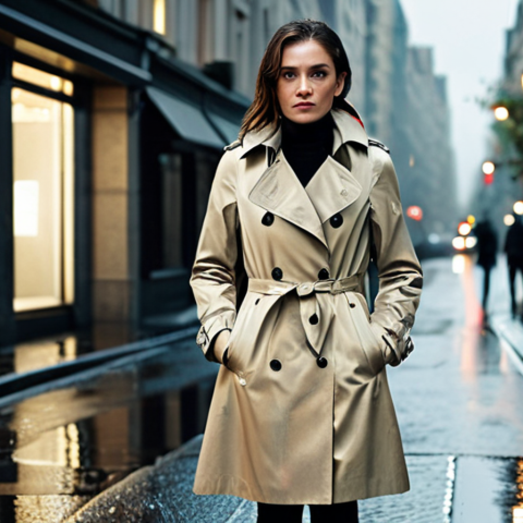 **Trench Coat:** "A woman wearing a classic beige trench coat, buttoned and belted, standing on a wet city street. The scene is overcast with reflections of city lights on the pavement. Fully clothed, appropriate attire, safe for work, professional, high quality."