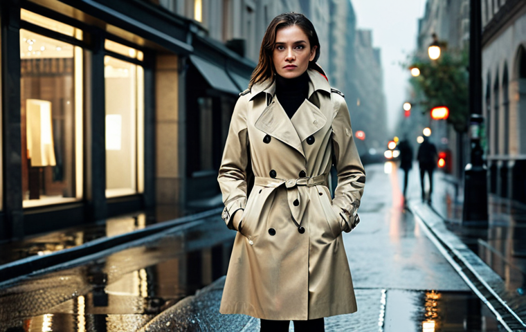 **Trench Coat:** "A woman wearing a classic beige trench coat, buttoned and belted, standing on a wet city street. The scene is overcast with reflections of city lights on the pavement. Fully clothed, appropriate attire, safe for work, professional, high quality."