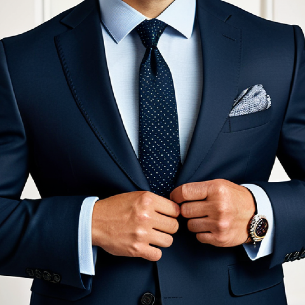 남성 패션 액세서리 - Formal Occasion**
"A man in a well-tailored dark suit, wearing cufflinks and a tie clip, with a nea...