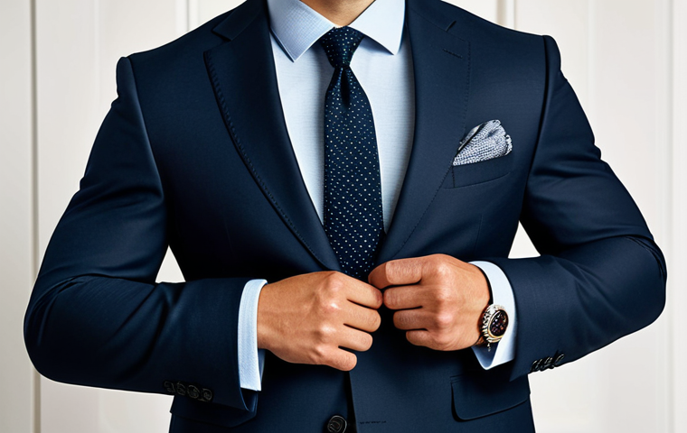 남성 패션 액세서리 - Formal Occasion**
"A man in a well-tailored dark suit, wearing cufflinks and a tie clip, with a nea...