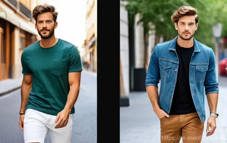 남성용 무지 티셔츠 추천 - **Prompt: Smart Casual Autumn Style**
"A sophisticated man in his late twenties is posing confid... 남성용 무지 티셔츠 추천 - **Prompt: Smart Casual Autumn Style**
"A sophisticated man in his late twenties is posing confid...