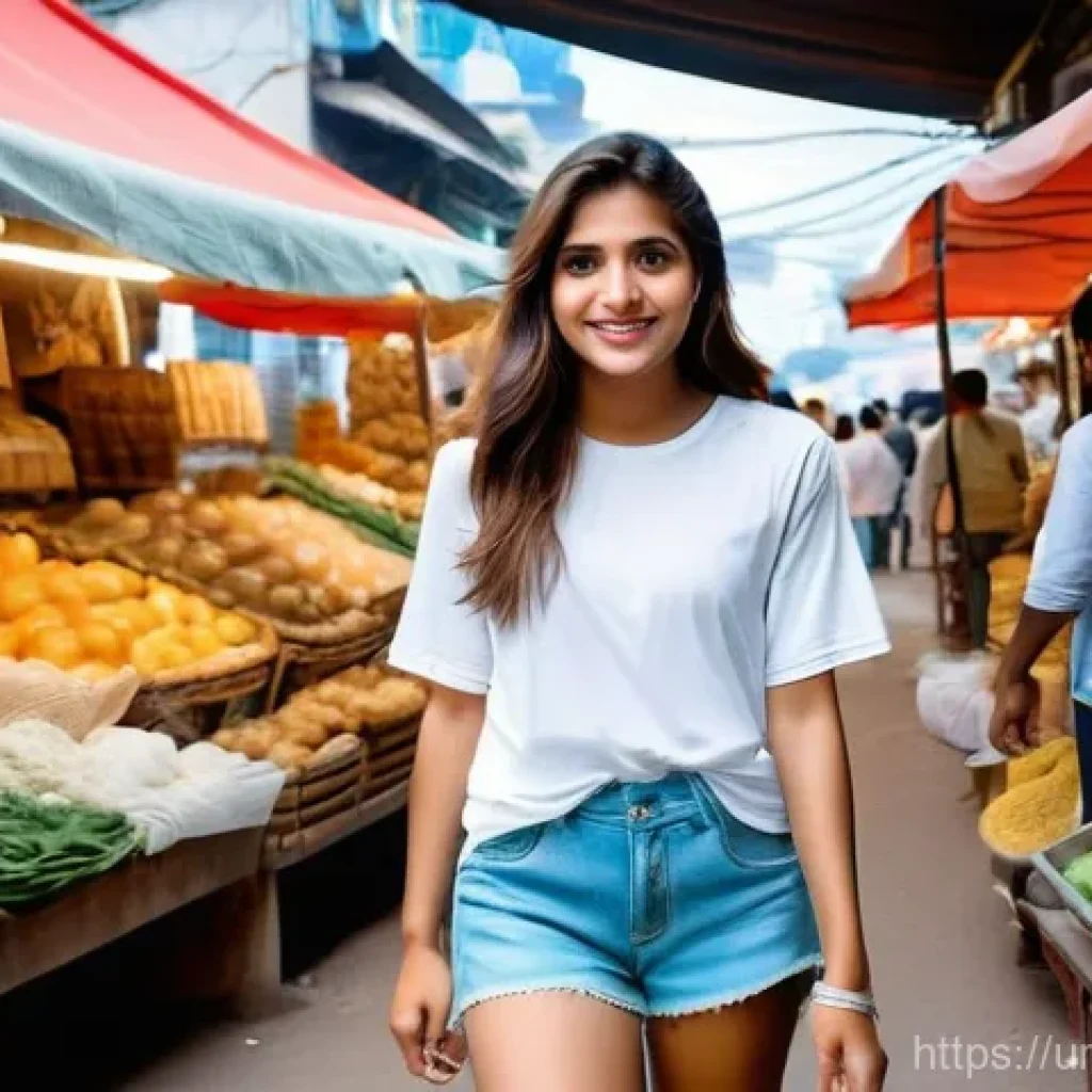 여름 반바지 코디 - **Casual Summer Comfort in a Pakistani Market:** A young Pakistani woman, in her early 20s, with a c...