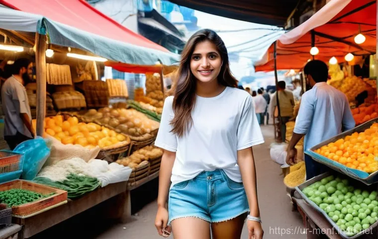 여름 반바지 코디 - **Casual Summer Comfort in a Pakistani Market:** A young Pakistani woman, in her early 20s, with a c...