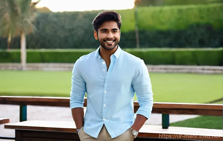 남성용 하프코트 스타일 - **Prompt: Stylish Summer Evening Look with a Half Coat**
"A young South Asian man, around 25-30 ...